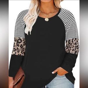 Plus Size Leopard & Strip Print Long Sleeve T-shirt Slight Stretch Round Neck
